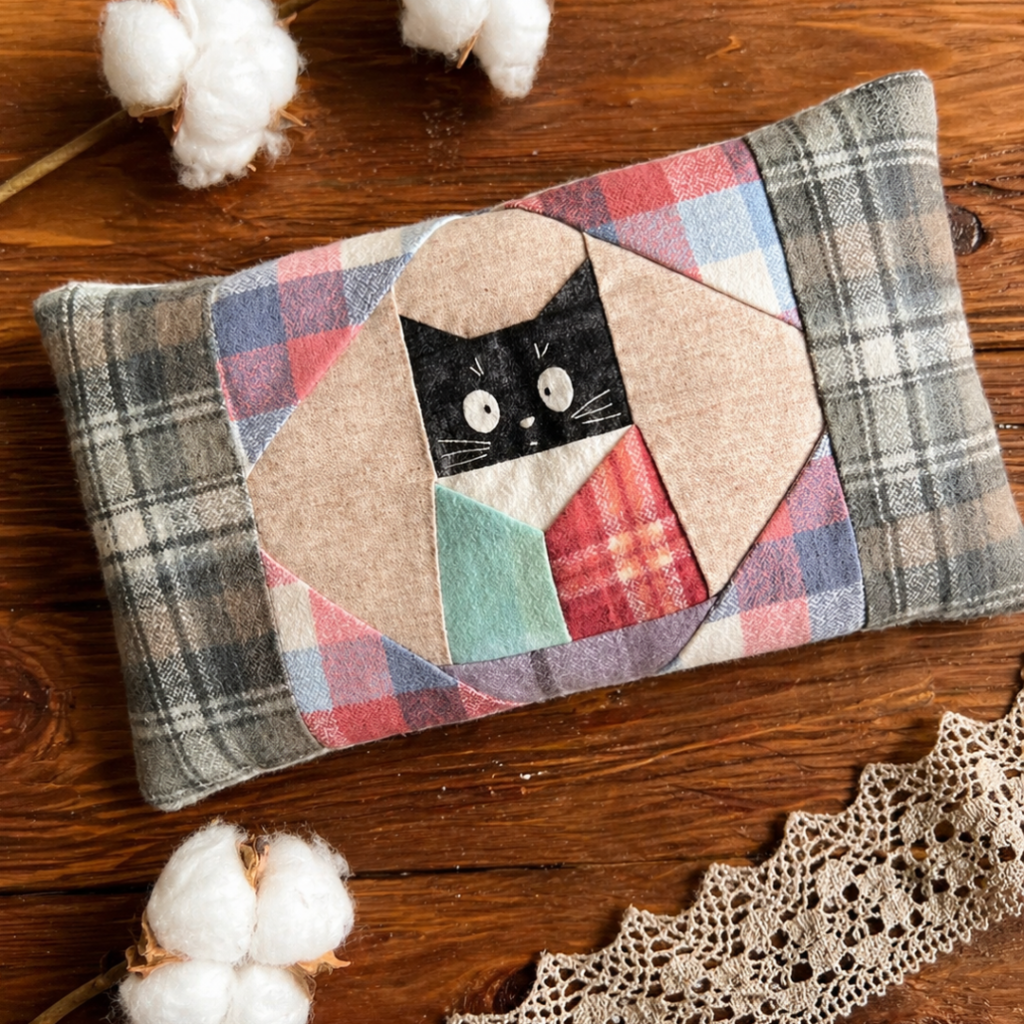 Finished flannel cat heating pad made with soft plaid fabric and patchwork cat design on wooden table