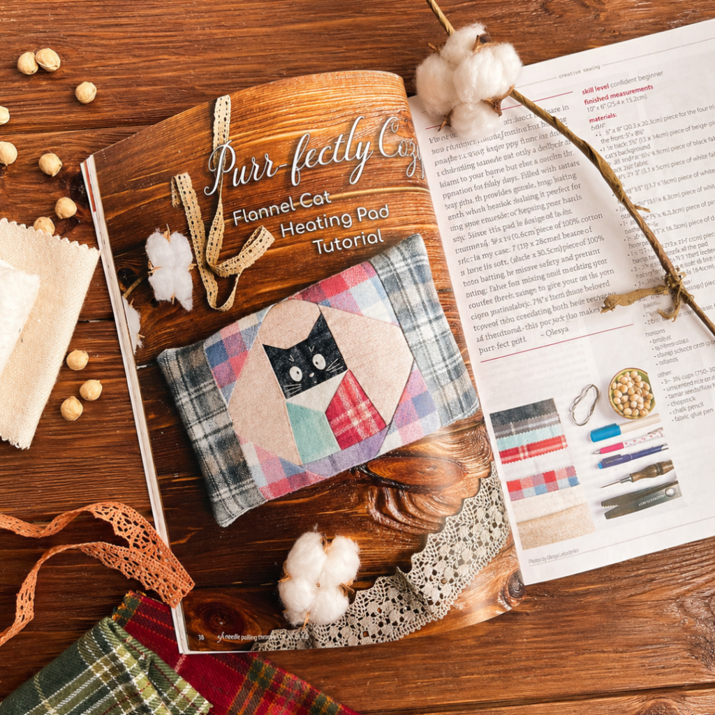 Open magazine spread featuring the Purr-fectly Cozy flannel cat heating pad tutorial in A Needle Pulling Thread magazine