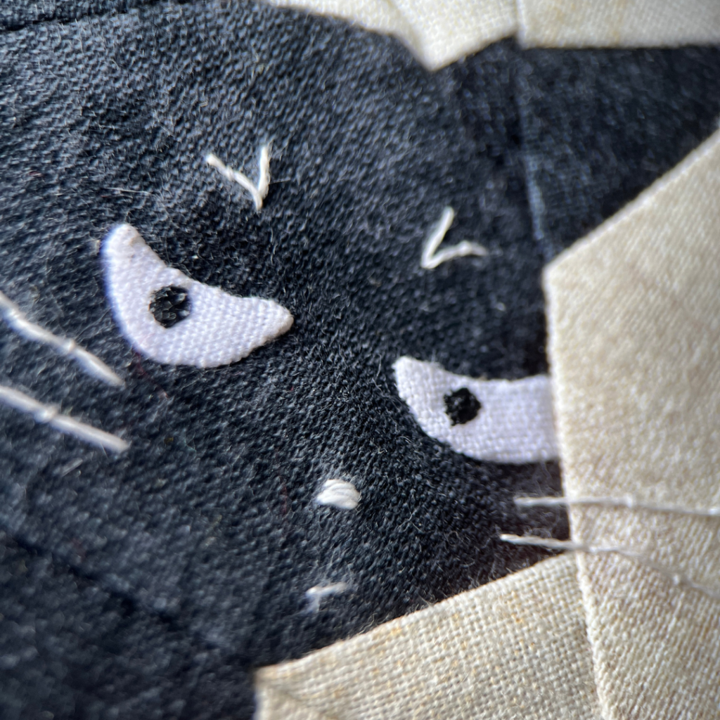 Extreme close-up of What black cat quilt block showing eye and stitched facial details