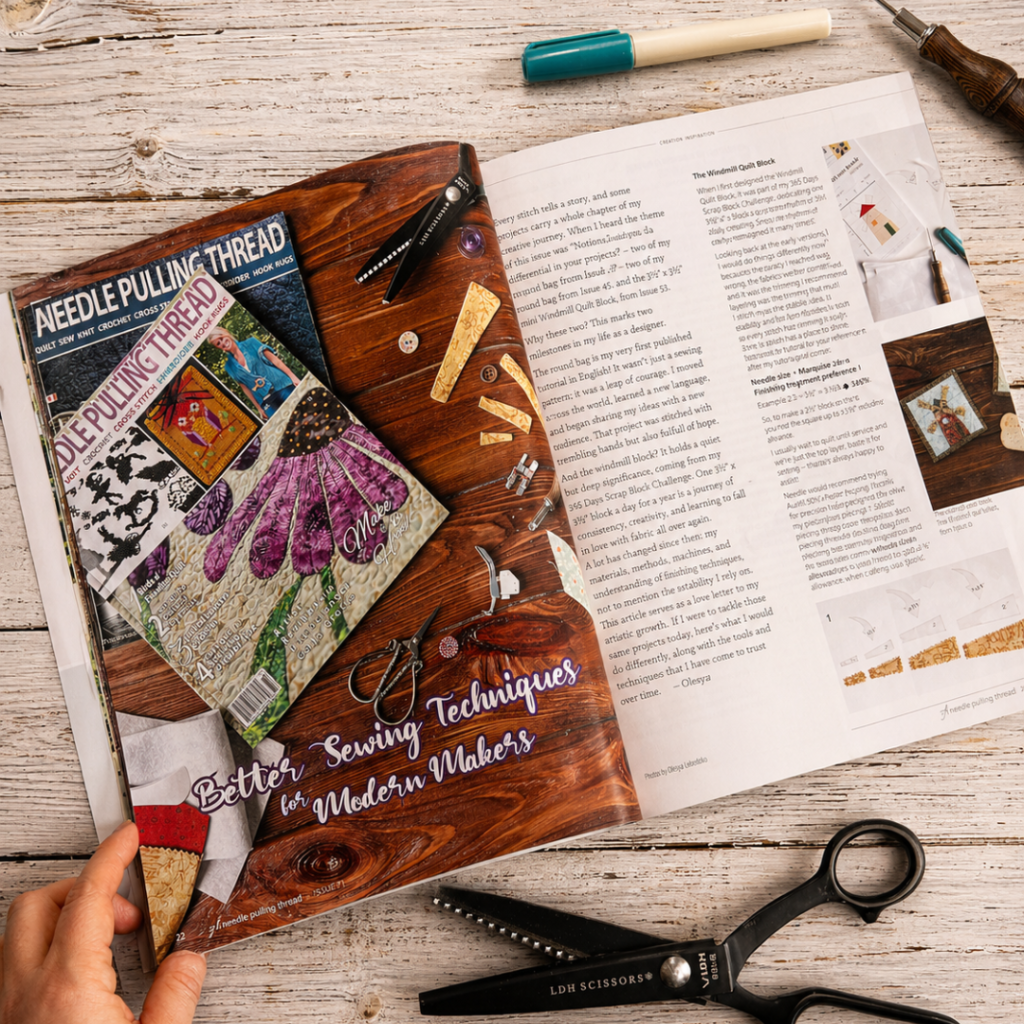 Open magazine spread featuring Better Sewing Techniques for Modern Makers in A Needle Pulling Thread