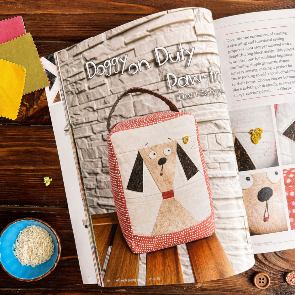 Open magazine spread featuring the Doggy on Duty dog door stopper project on a wooden table with fabric swatches and rice bowl