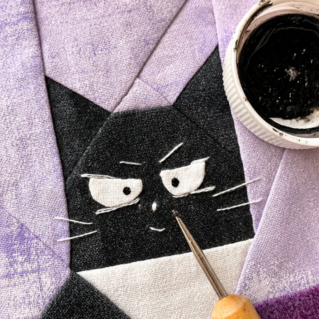 Close-up of Faces of 20 Whiskers quilt block showing painted black cat face on purple fabric