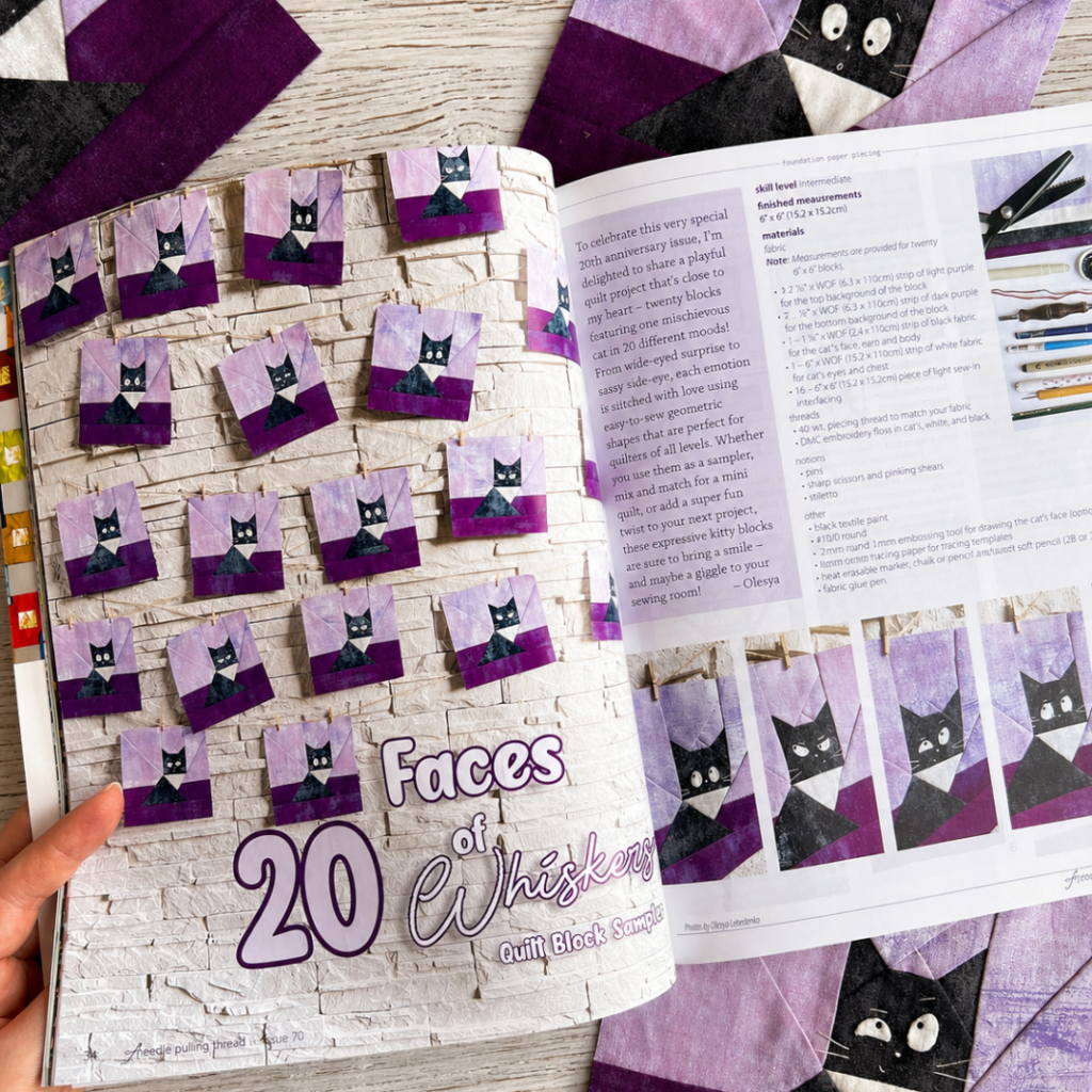 Open magazine spread featuring Faces of 20 Whiskers cat quilt block sampler in A Needle Pulling Thread